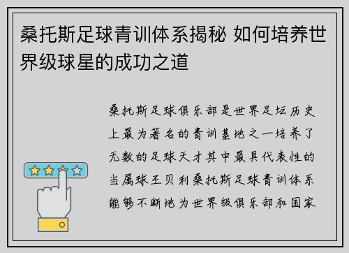 桑托斯足球青训体系揭秘 如何培养世界级球星的成功之道